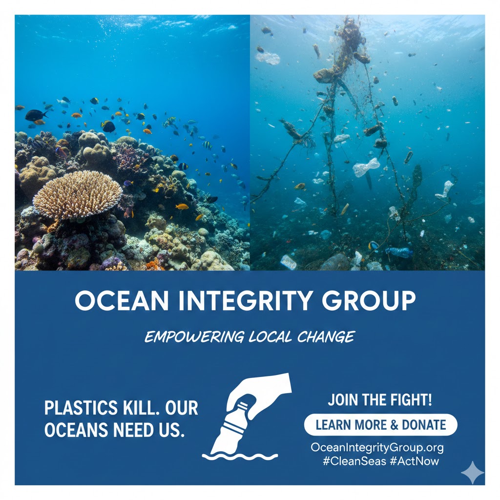 Ocean Integrity Group impact photo — coral reef vs plastic pollution